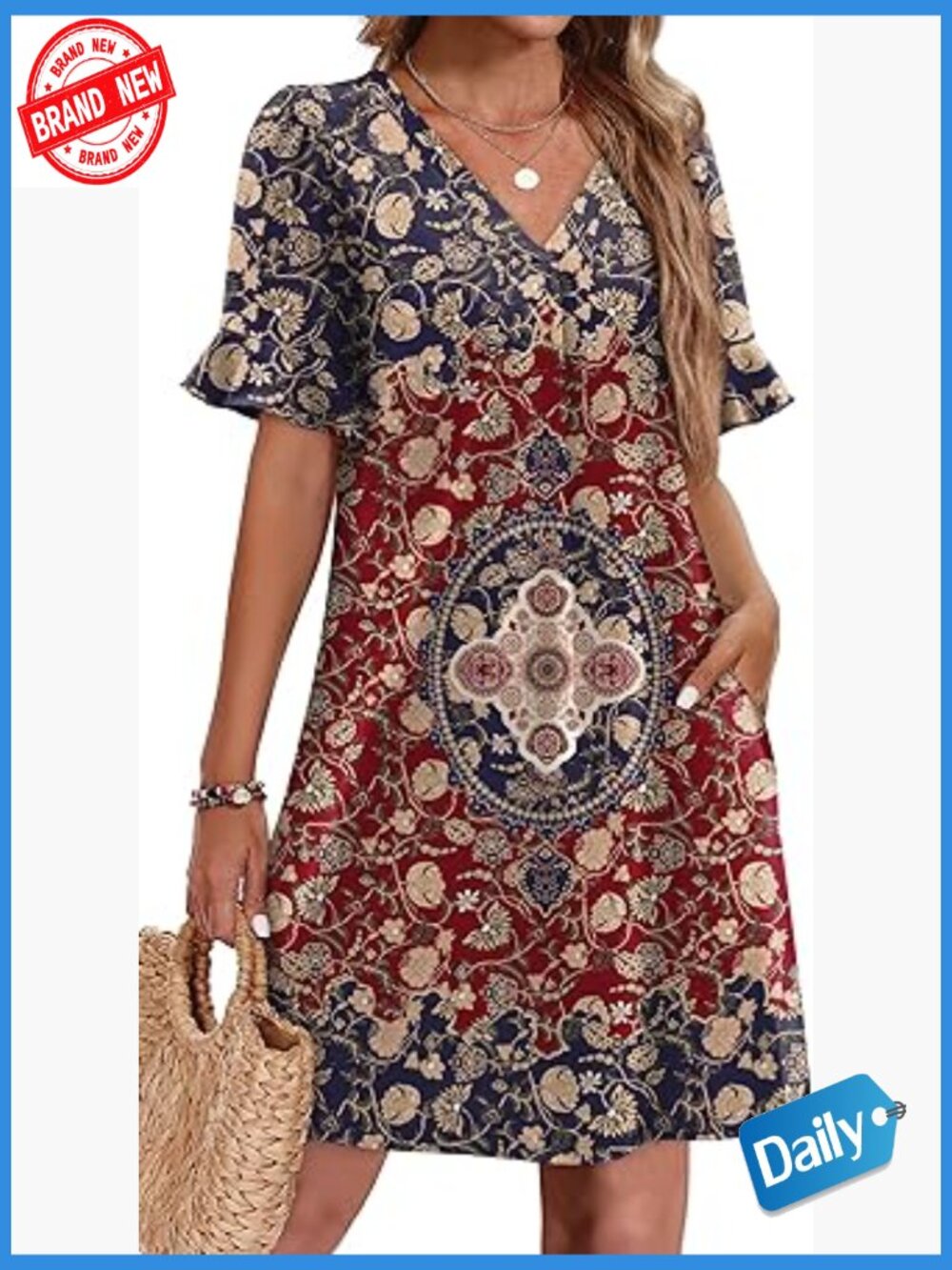 Ruffle Short Sleeve V Neck Shift Dress with Pockets
